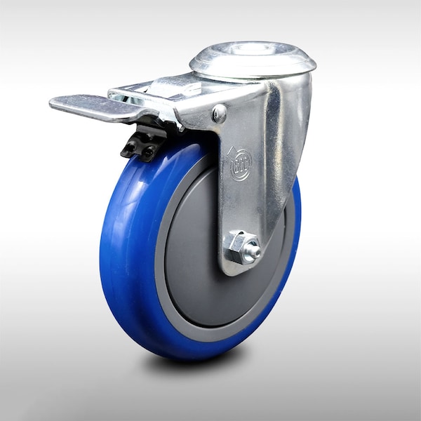 5 Inch SS Blue Polyurethane Wheel Swivel Bolt Hole Caster with Total Lock Brake